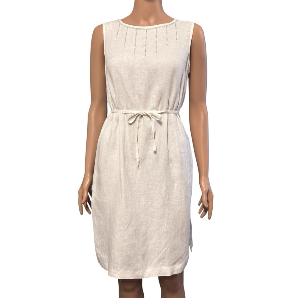 100% Linen Norton McNaughton Maxi Dress Silver Embroidered Neckline Petite Small